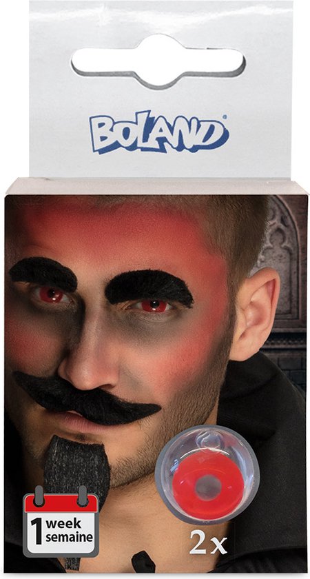 Verpakking met een man met duivelmake-up, snor en sikje. Bevat 2 rode weeklenzen.