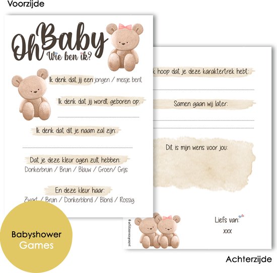 BSG502 - Babyshower invulkaarten (20 stuks) - Oh Baby - Baby invulkaarten - Babykaarten - Babyvoorspellingen - Babyshower - Babyshowerspelletjes - Gender Reveal