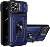 Geschikt voor iPhone 13 Pro Max hoesje met pashouder - camera bescherming cover en ring houder – Blauw – oTronica