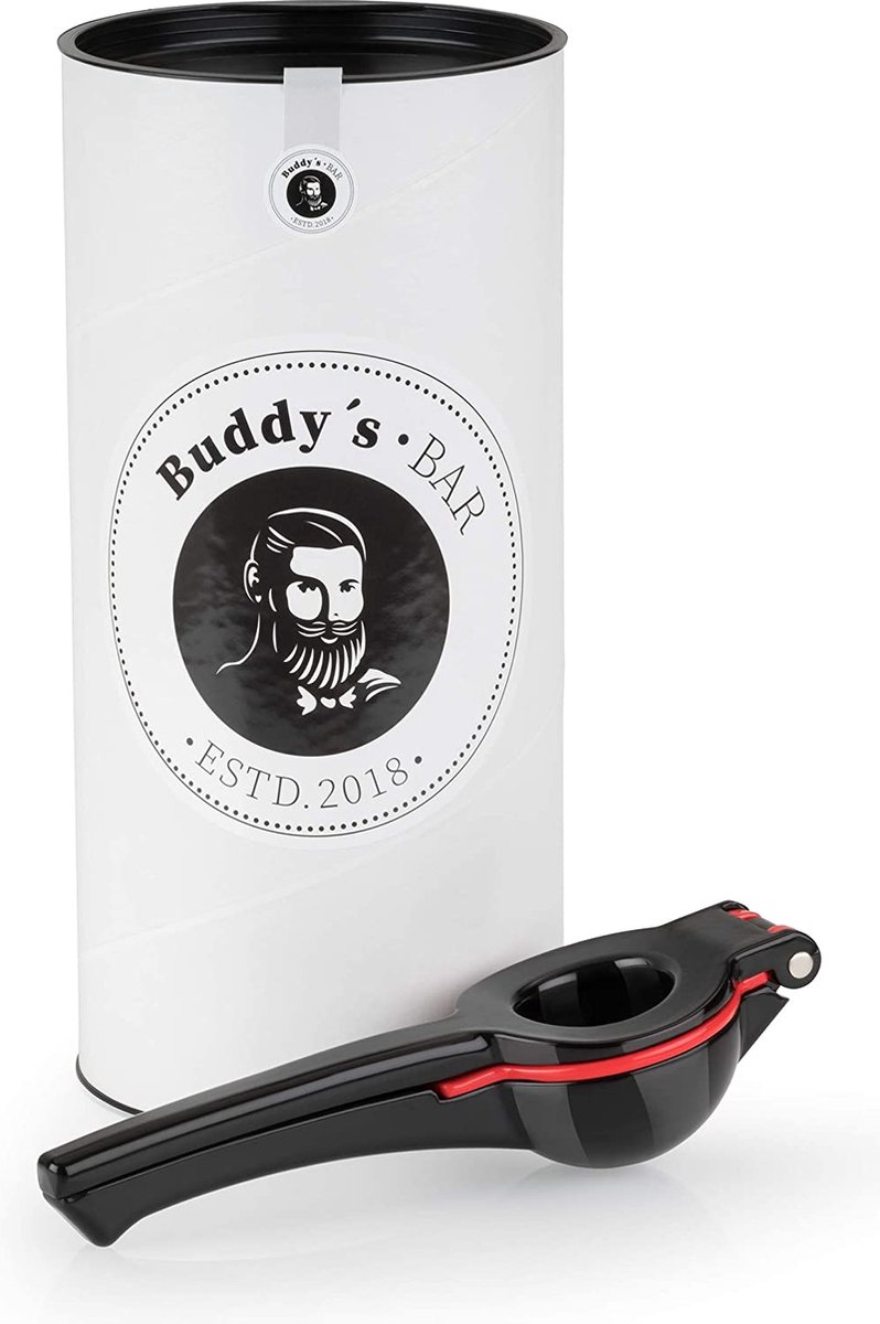 Buddy´s Bar - Limetten- en citroenpers, hoogwaardige pers van aluminium, geschikt voor levensmiddelen en vaatwasserbestendig, 21 cm lang voor optimale drukkracht, zwart/rood