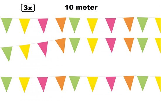 3x Vlaggenlijn multi 10 meter - 1 kleur - vlaglijn festival feest party verjaardag thema feest kleur