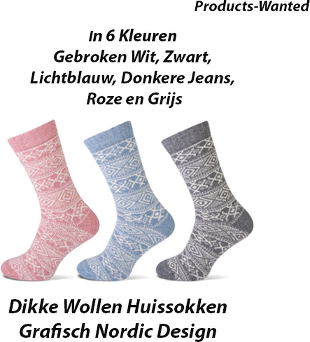 3-Paar Dikke Wollen Huissokken Grafisch Nordic Design in Roze, Gebroken wit en D-jeans 35-38