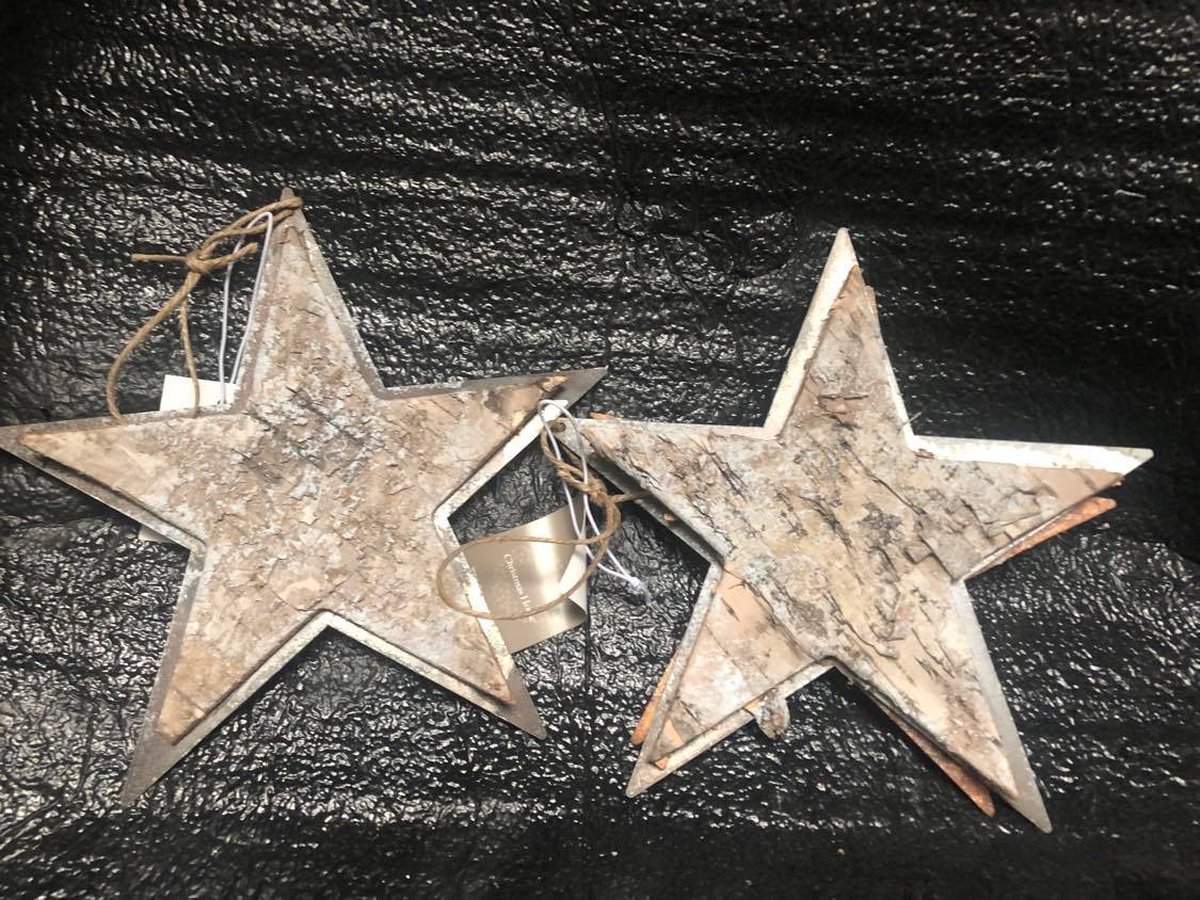 Kersthangers Sterren Set van 2 naturel ornamenten in metaal en hout 16cm