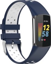 By Qubix - Geschikt voor Fitbit Charge 5 - Fitbit Charge 6 Sportbandje met gesp - Donkerblauw - wit - Tweekleurig - Maat: L - Smartwatch Band - Horlogeband -