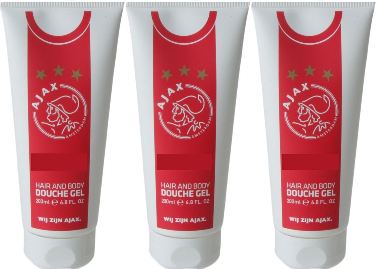 Ajax Douchegel - Rood/Wit - Tube 200 ml - Hair & Body - 3 stuks Voordeelverpakking