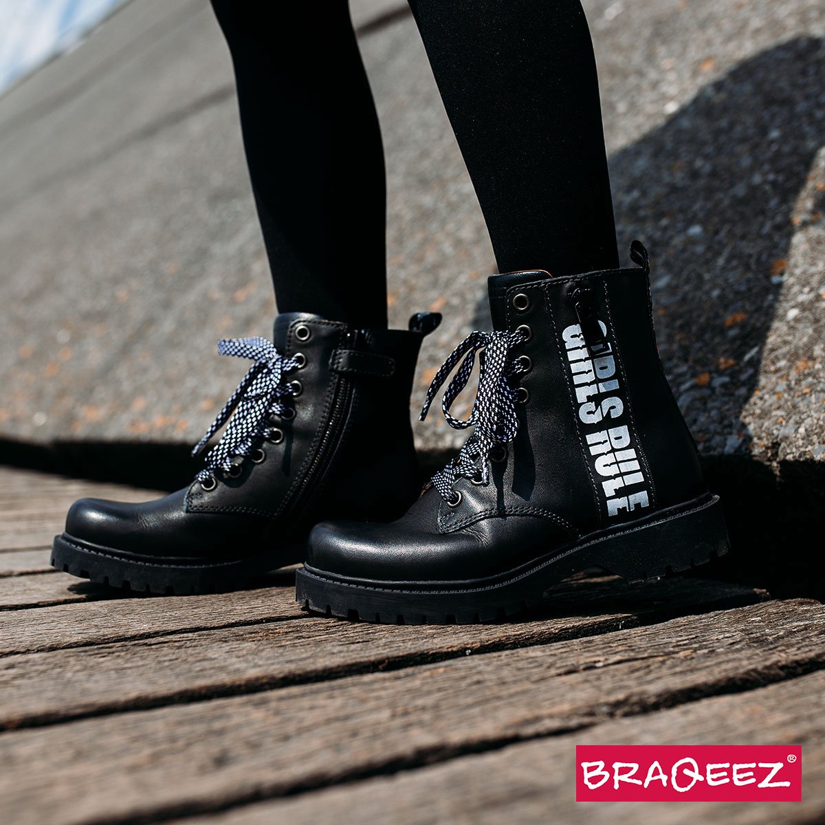 Braqeez 421773-489 Meisjes Biker Boots - Zwart - Leer - Veters | bol.com