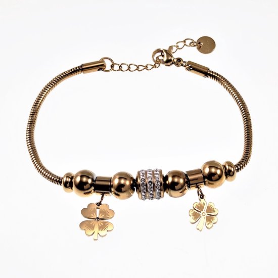 Bracelet Femme - Acier Goud - Bracelet Porte-Bonheur - Trèfle à Quatre Feuilles - Bracelet Perles