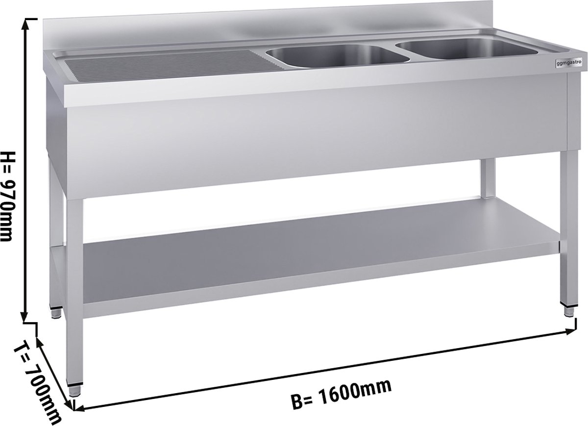 Roestvrijstalen spoeltafel ECO - met bodemplaat 1,8 m - 2 spoelbakken rechts - L 50 x B 50 x D 30 cm | GGM Gastro