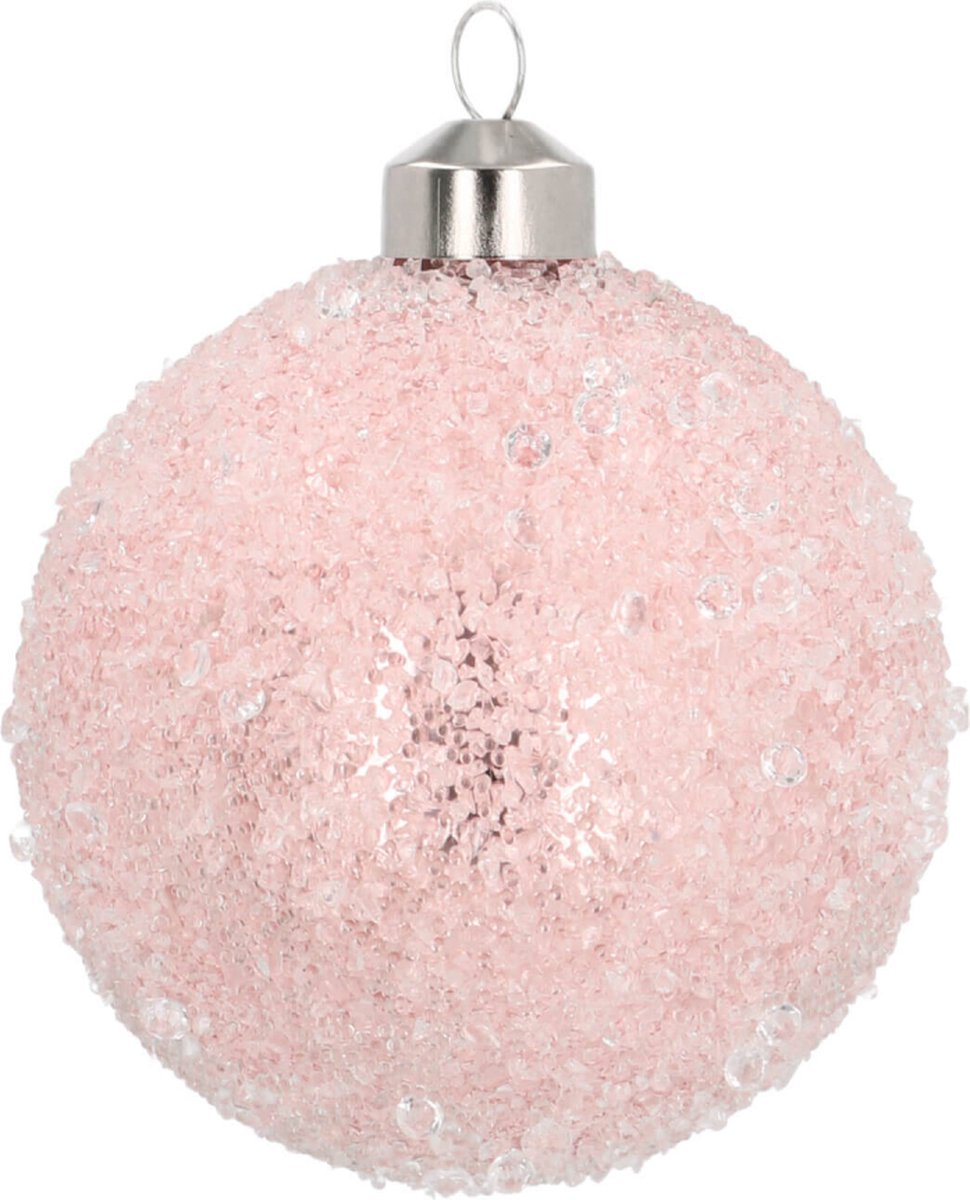 Oneiro's luxe Luxe glazen kerstbal roze met glaskraaltjes 8cm - kerstbal - luxe verpakking – kerstcollectie – kerstdecoratie – kerstboomhanger – kerstversiering