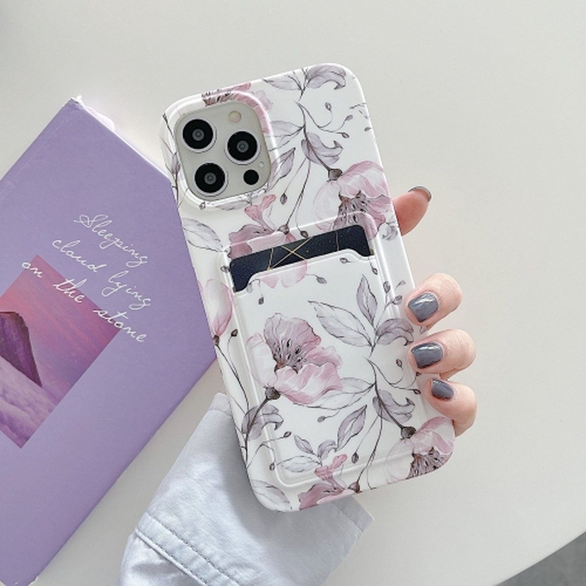 IMD Pattern TPU-hoesje met kaartsleuf voor iPhone 13 (roze retro bloemen)