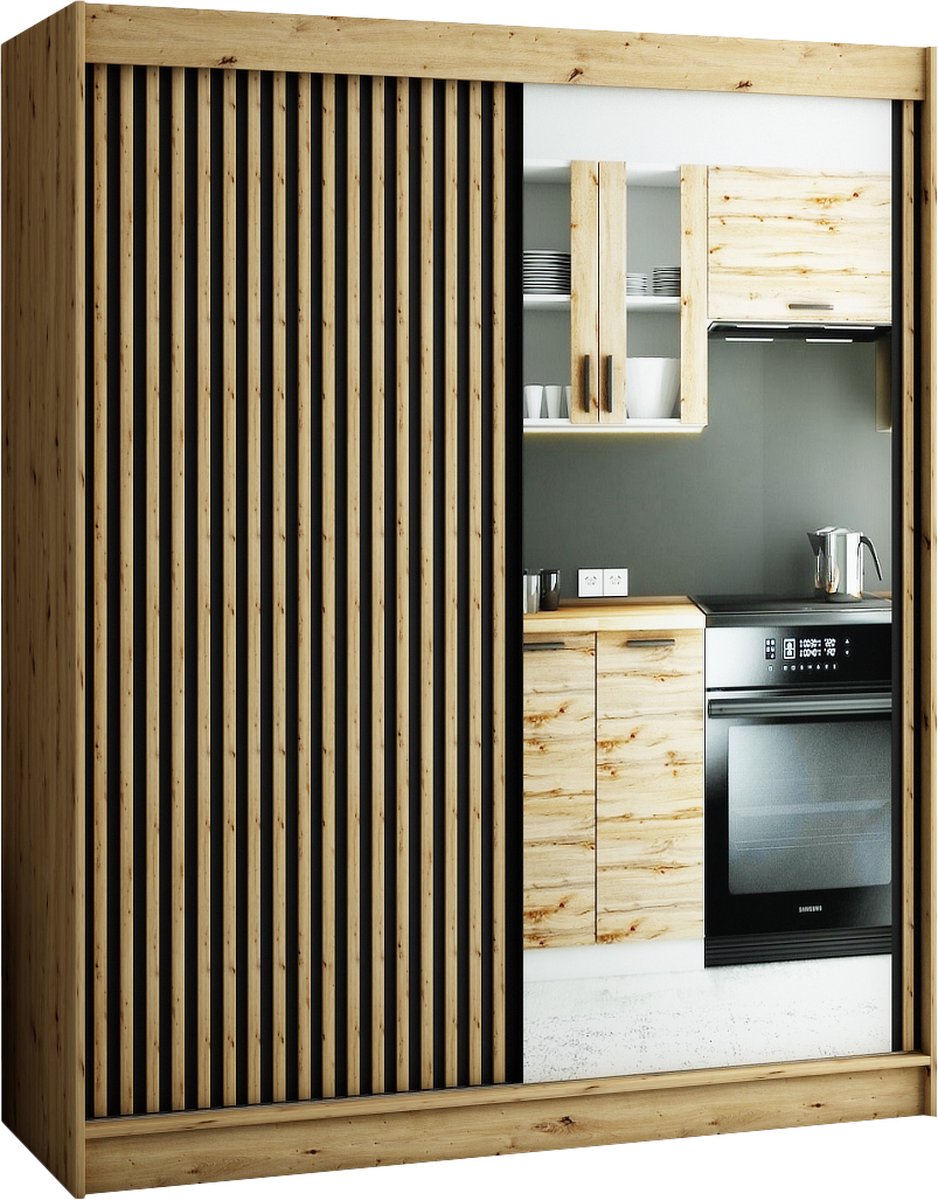 InspireMe - Kledingkast met 2 schuifdeuren, Loft-stijl, Kledingkast met planken (BxHxD): 180x200x62 - MELO II 180 met 4 lades Artisan Eik + Zwart