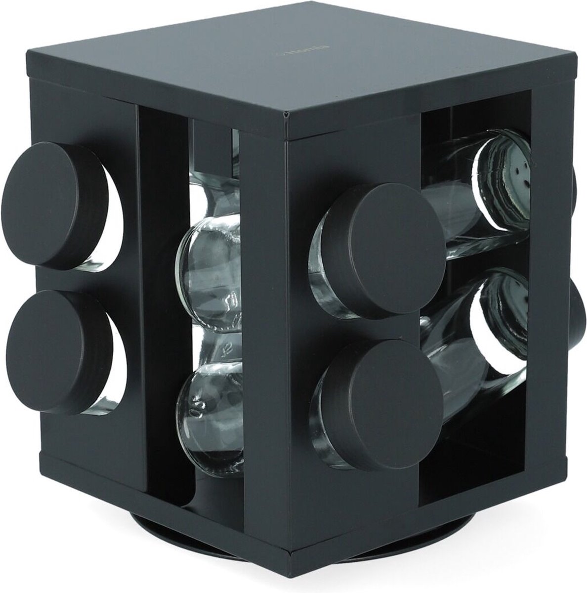 HOMLA Otto draaibaar kruidenrek vierkant - praktisch kruidenrek in minimalistisch design - glas metaal en kunststof 8 glazen zwart 14 x 17 cm