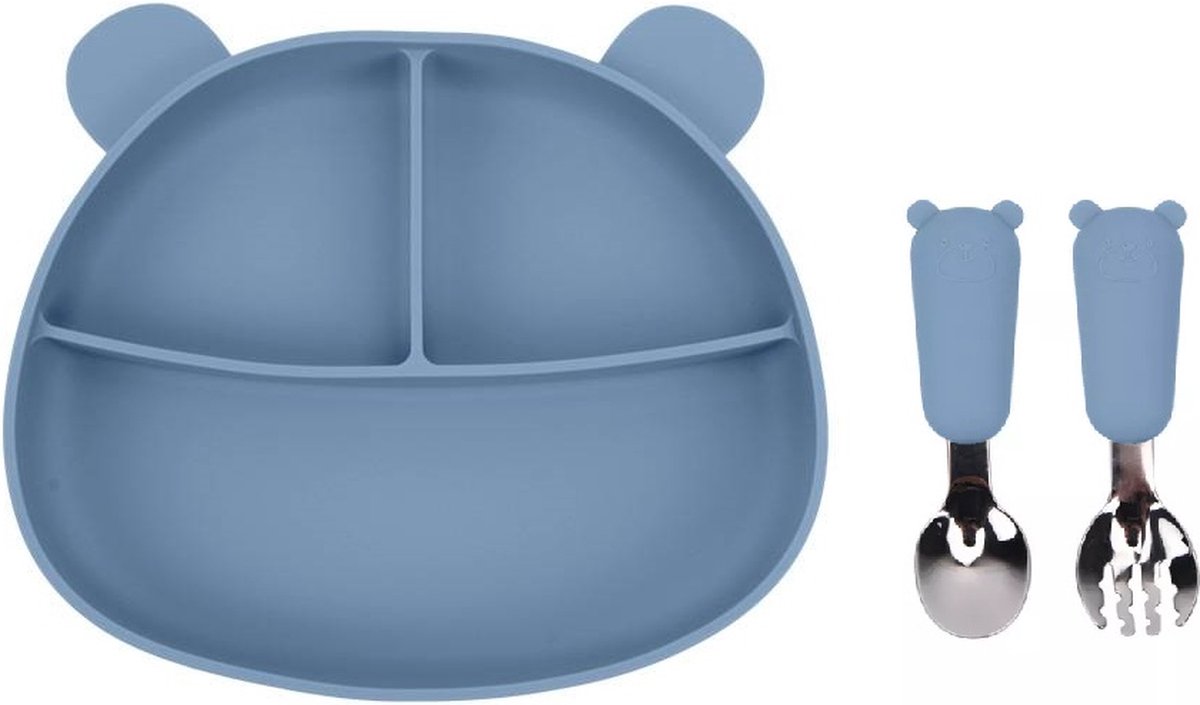 Goedkoopste Beervorm Kinderbord Blauw met Bestek (RVS) - Baby bord met Zuignap - Kinderservies