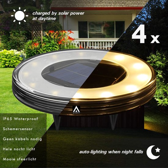 Arisenn® 360 - 4 x Solar LED Grondspot Zwart