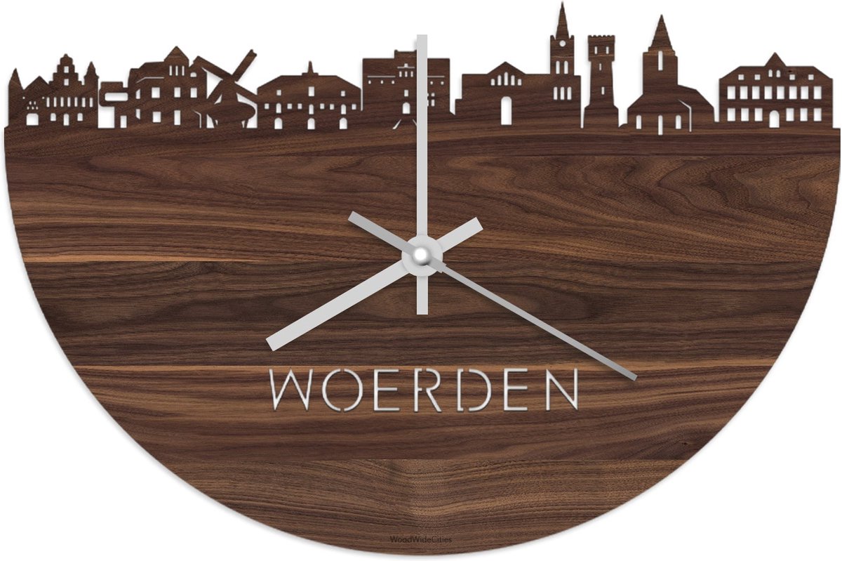 Skyline Klok Woerden Notenhout - Ø 40 cm - Stil uurwerk - Wanddecoratie - Meer steden beschikbaar - Woonkamer idee - Woondecoratie - City Art - Steden kunst - Cadeau voor hem - Cadeau voor haar - Jubileum - Trouwerij - Housewarming - WoodWideCities