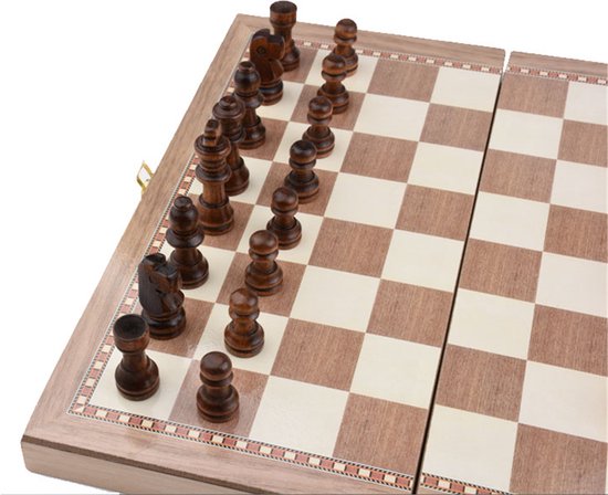 Thumbnail van een extra afbeelding van het spel 3-in-1 Bordspel - 49 cm - Schaakbord - Dambord - Backgammon - Schaakspel - Schaakset - Schaken - Dammen - Met Schaakstukken - Chess - Hout - Opklapbaar