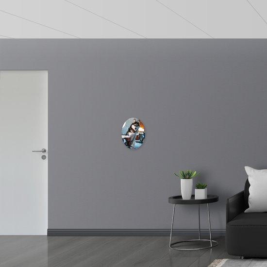 WallClassics - Plaque Ovale en Mousse PVC - Husky aux Yeux Bleus Brillants dans la Neige - 30x40 cm Photo sur Ovale (Avec Système d'accrochage)