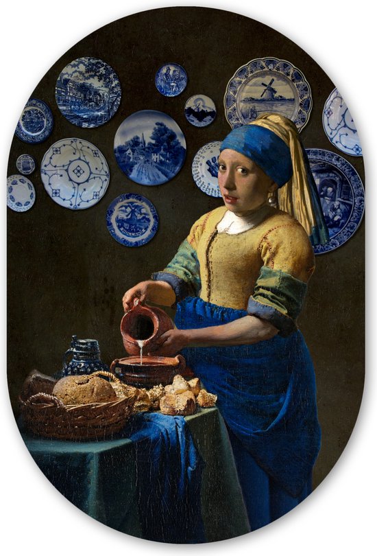 Muurovaal - Kunststof Wanddecoratie - Ovalen Schilderij - Melkmeisje - Vermeer - Meisje met de Parel - 40x60 cm - Ovale spiegel vorm op kunststof