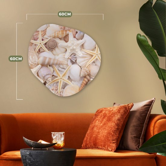 Décoration murale bio - Décoration murale en plastique - Tableau bio - Étoile de mer - Coquillages - Plage - Été - 60x60 cm - Forme miroir bio sur plastique