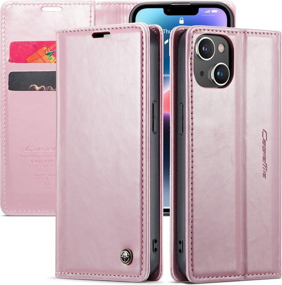 CaseMe - Coque de téléphone adaptée pour Apple iPhone 14 - Etui portefeuille à rabat - Fermeture magnétique - Rose