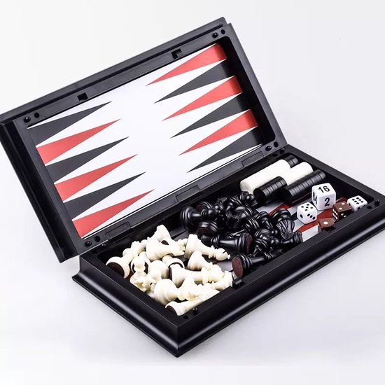 Thumbnail van een extra afbeelding van het spel 3-in-1 Bordspel - 25 cm - Plastic - Magnetisch - Schaakbord - Dambord - Backgammon - Schaakspel - Schaakset - Schaken - Dammen - Met Schaakstukken - Chess - Hout - Opklapbaar