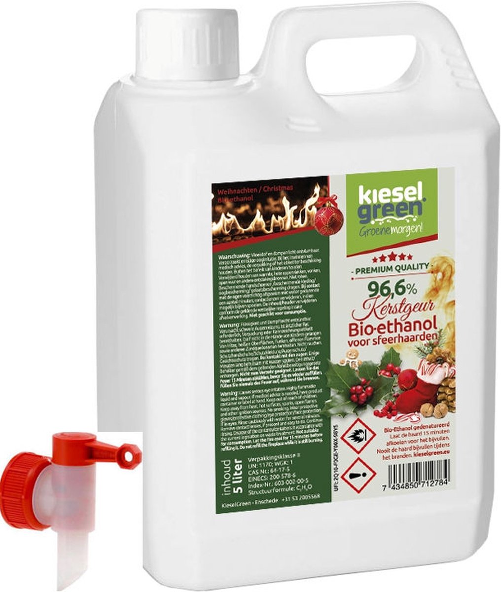 KieselGreen 5 Liter Bio-Ethanol met Kerst Aroma - Bioethanol 96.6%, Veilig voor Sfeerhaarden en Tafelhaarden, Milieuvriendelijk - Premium Kwaliteit Ethanol voor Binnen en Buiten
