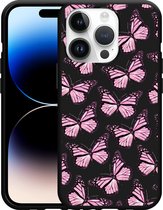 Geschikt voor Apple iPhone 14 Pro Hoesje Zwart Roze Vlinders - Designed by Cazy