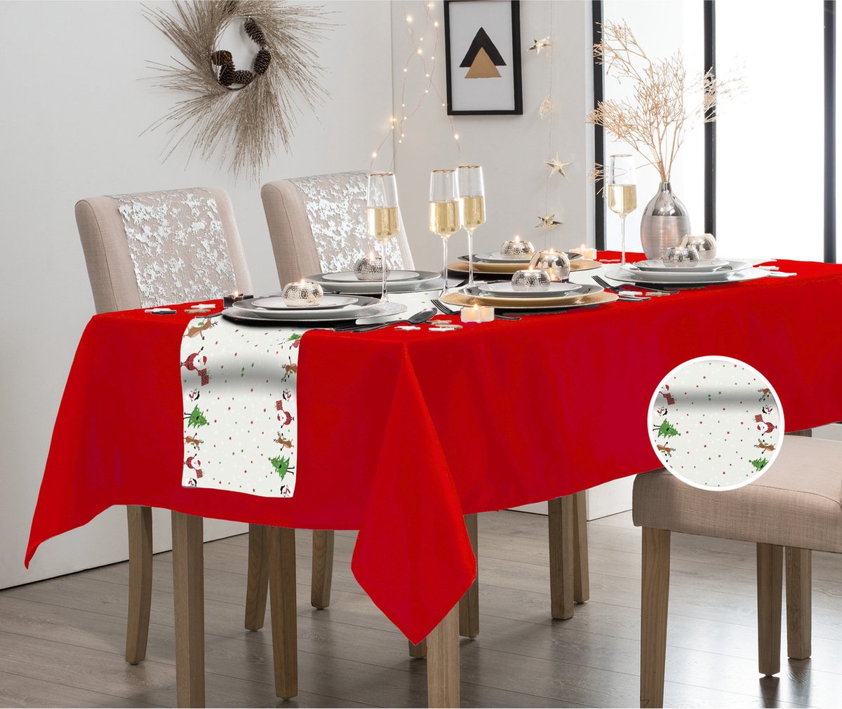 Atmosphera Tafelkleed/tafellaken rood polyester 140 x 240 cm met tafelloper kerst print