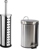 5Five - Toiletborstel houder zilver rvs 39 cm met pedaalemmer 3 liter