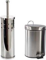 Berilo - Toiletborstel houder zilver rvs 38 cm met pedaalemmer 3 liter