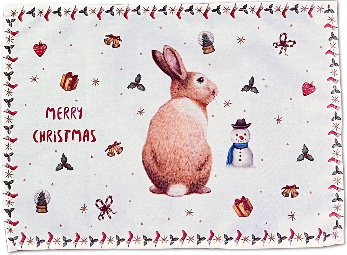World of Mies kerst placemat konijn - kerstmis tafelversiering - textiel - kerst tafeldecoratie - met aquarel geschilderd door Mies