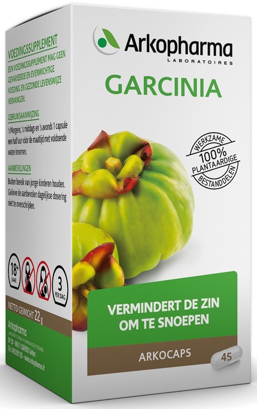 ArkoPharma Garcinia doos met afbeelding van de vrucht. "Vermindert de zin om te snoepen". Bevat 45 capsules.
