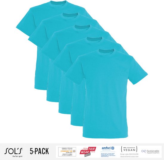 5 Pack Sol's Heren T-Shirt 100% biologisch katoen Ronde hals Lichtblauw Maat M