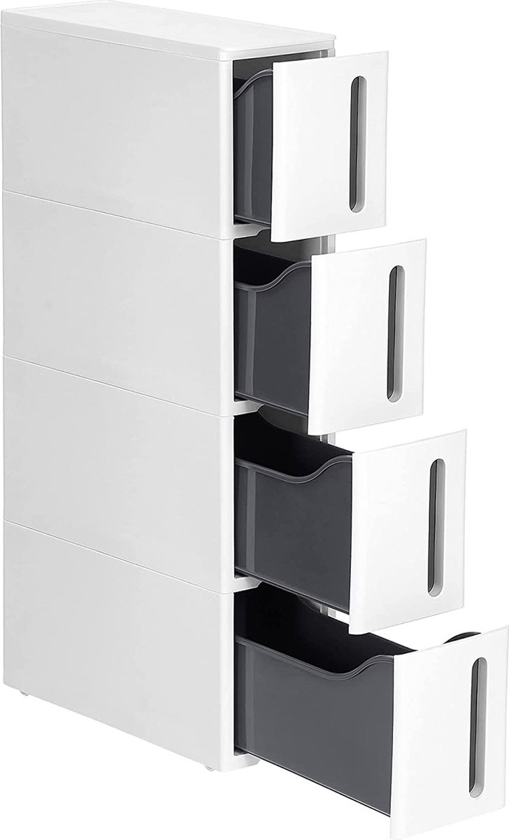 Hoppa! Nisrek met wielen, smalle trolley met 4 laden Uitschuifbare badkamerplank Keukenkast met wielen PP-kunststof Ruimtebesparend 45x17x83cm Witgrijs