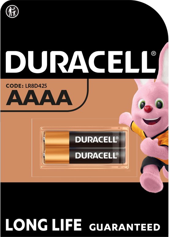 De Duracell SpecialtyAlkaline AAAA Batterij 1,5V, (LR8D425) is geschikt voor gebruik in digitale pennen, medische apparaten en hoofdlampen, verpakking van 2
