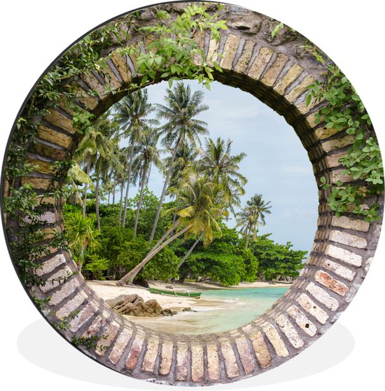 WallCircle - Wandcirkel - Muurcirkel - Palmbomen - Tropisch - Doorkijk - Strand - Aluminium - Dibond - ⌀ 90 cm - Binnen en Buiten