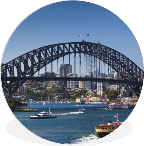 WallCircle - Wandcirkel ⌀ 140 - Boten onder de Sydney Harbour Bridge in Australië - Ronde schilderijen woonkamer - Wandbord rond - Muurdecoratie cirkel - Kamer decoratie binnen - Wanddecoratie muurcirkel - Woonaccessoires