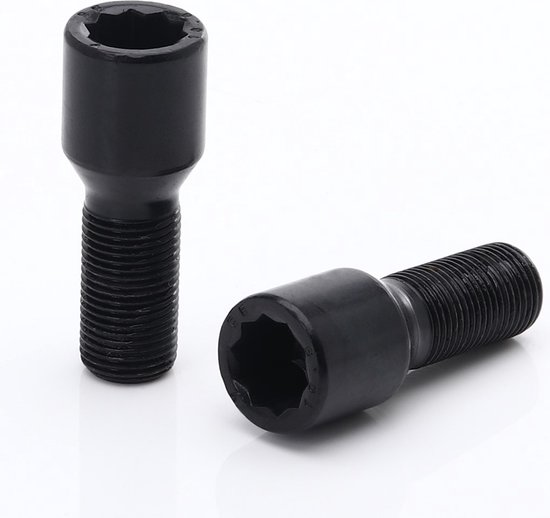 Twee zwarte wielbouten met een conische zitting en een 12-kantige aandrijving. De bouten zijn 40mm lang met schroefdraad M12x1.25.