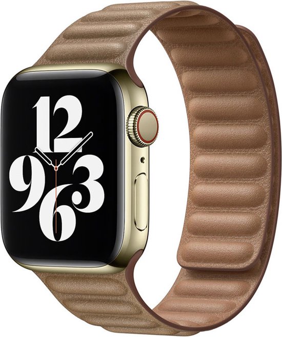 Goudkleurig Apple Watch met bruin lederen bandje en wijzerplaat.
