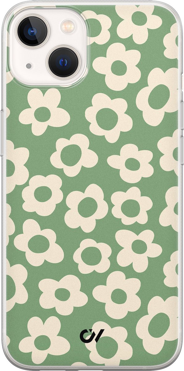 iPhone 13 hoesje siliconen - Retro Cute Flowers - Bloemen - Groen - Apple Soft Case Telefoonhoesje - TPU Back Cover - Casevibes