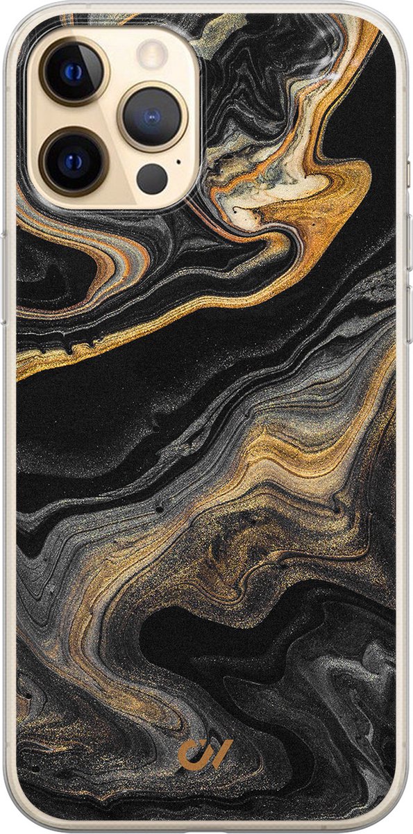 iPhone 12 (Pro) hoesje siliconen - Marble Golden Black - Marmer - Goud - Apple Soft Case Telefoonhoesje - TPU Back Cover - Casevibes