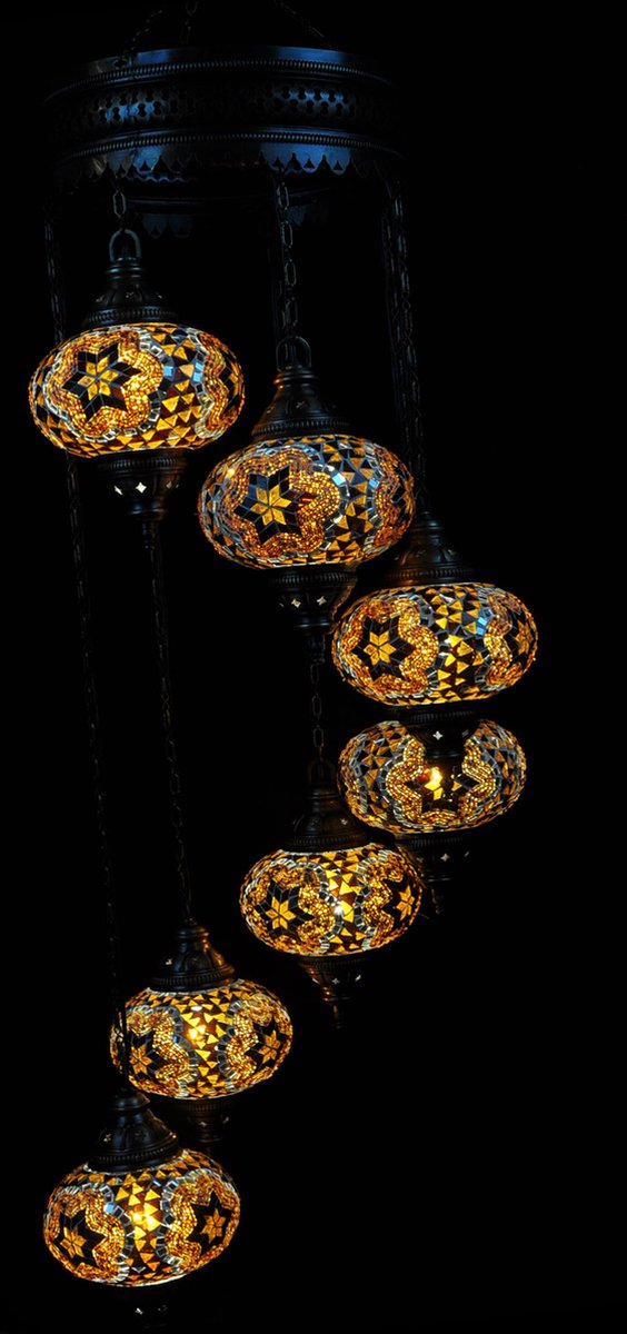Turkse Lamp - Hanglamp - Mozaïek Lamp - Marokkaanse Lamp - Oosters Lamp - ZENIQUE - Authentiek - Handgemaakt - Kroonluchter - Bruin - 7 bollen
