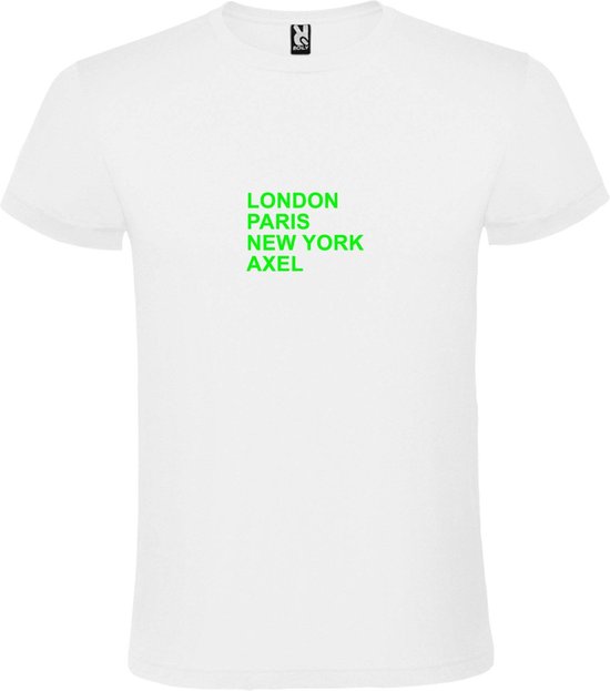 Wit T-Shirt met “ LONDON, PARIS, NEW YORK, AXEL “ Afbeelding Neon Groen Size XXXXXL