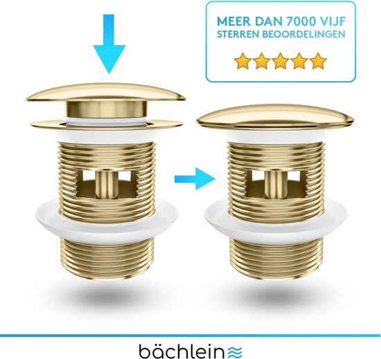 Demonstratie van de installatie van een gouden wastafelafvoerplug, met vermelding van meer dan 7000 vijfsterrenrecensies.