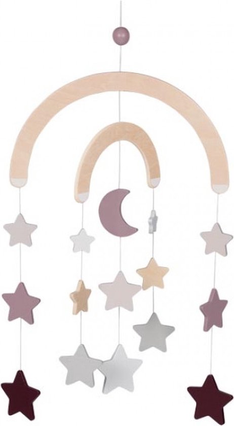 Houten baby mobiel met twee houten bogen, een maan en sterren in pasteltinten: lila, grijs, crème en bordeaux.
