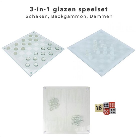 Thumbnail van een extra afbeelding van het spel Cheqo® 3-in-1 Glazen Bordspel Set - Schaken - Checkers - Backgommen - Schaken - Met Accessoires - 35x35cm