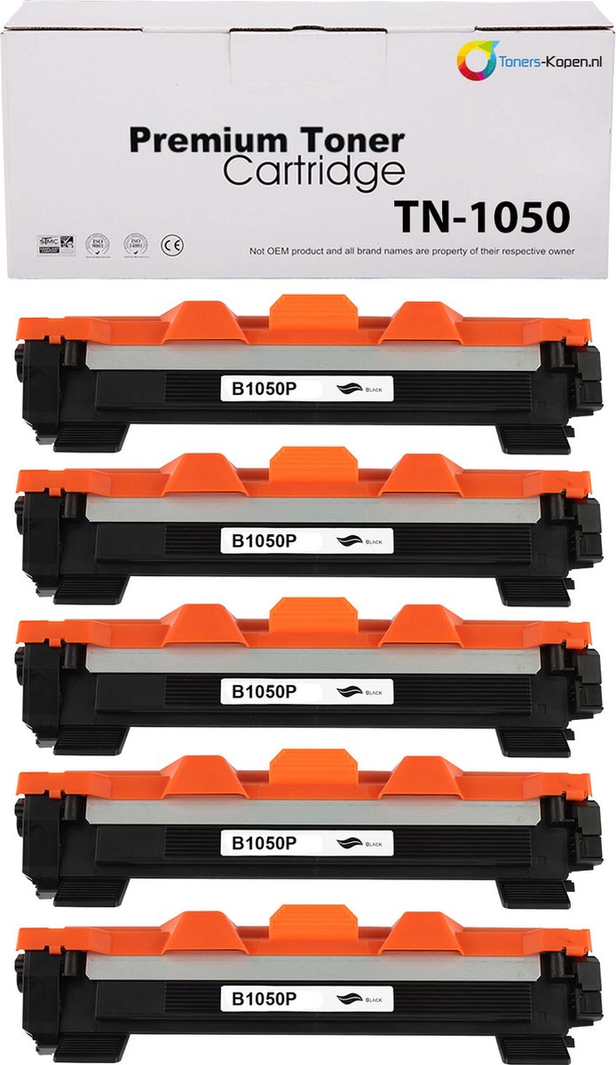 Brother TN-1050 - Toner Zwart 5-pack - 5.000 pagina's totaal - Huismerk Compatible - Geschikt voor Brother DCP-1510 Brother DCP-1512 Brother DCP-1512A Brother DCP-1601 Brother DCP-1610W Brother DCP-1612W Brother DCP-1616NW Brother HL-1110