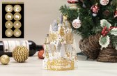 2 x 3D Pop up kerstkaart goud witte huizen op een sneeuwheuvel met 8 feestelijke sluitzegels