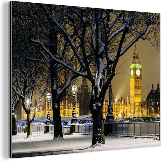 Wanddecoratie Metaal - Aluminium Schilderij Industrieel - Winter - Big Ben - Londen - 160x120 cm - Dibond - Foto op aluminium - Industriële muurdecoratie - Voor de woonkamer/slaapkamer