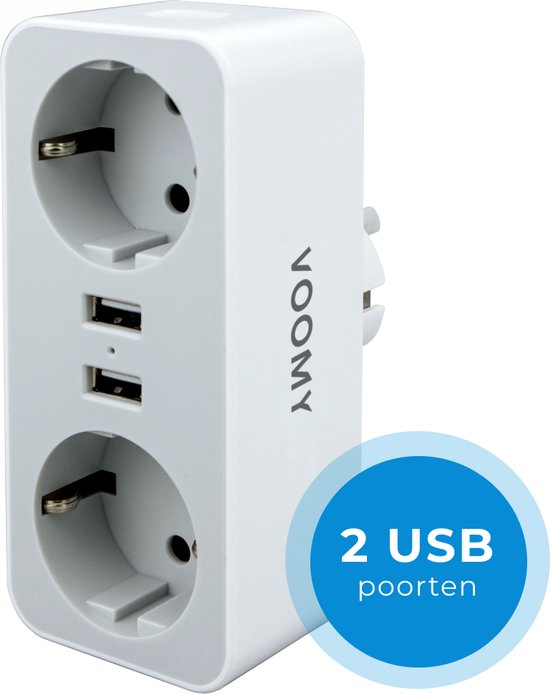 Voomy Verdeelstekker 2 Voudig - Stopcontact Splitter - 2 USB Poorten - Wit  | bol.com